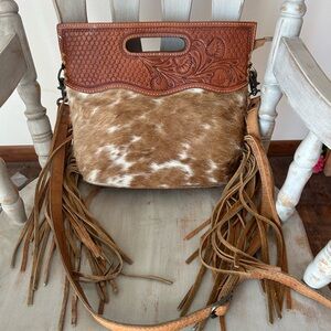 American Darling Brown and Tan Leather Fringe Shoulder Bag